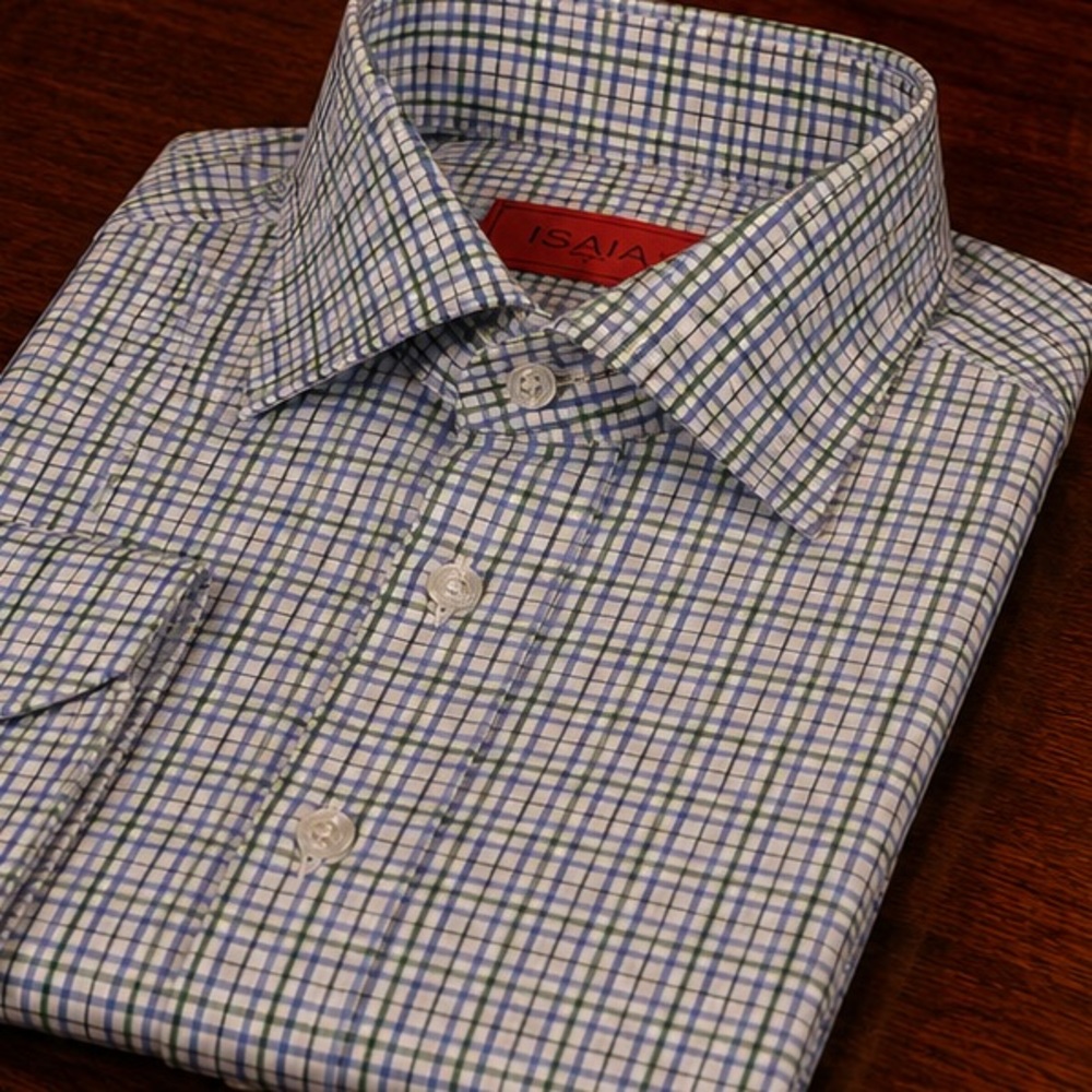 ISAIA Blue and Green Micro-Check on White Dress Shirt | Made in Italy